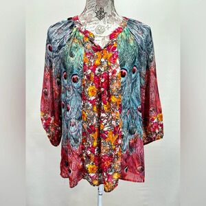 FIG & FLOWER‎ Pink and blue peacock print sheer top size M.